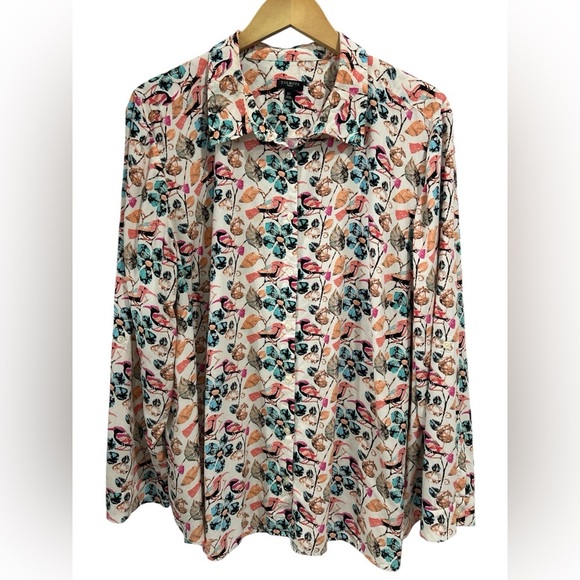 Talbots Woman Colorful Bird Print Button Up Long Sleeve Blouse Shirt - 3X - Picture 1 of 8